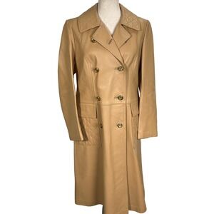 Gropper Leda Spain Coat Women 14 Tan Double Breast Leather Trench Quilt Longline